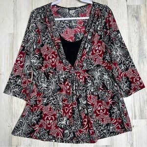 PerSeption Womens 2X Top Jersey Stretch Floral‎ Print 3/4 Sleeve w attached tank